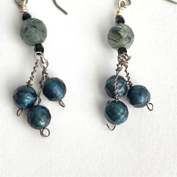 Vintage Rutilated Quartz Earrings Iridescent Peacock Blue Green Beaded Handmade - Picture 4 of 8